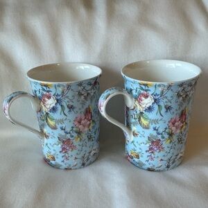 Stechcol Gracie Bone China Floral Blue Set of 2 Porcelain Mugs Coffee Tea Cups